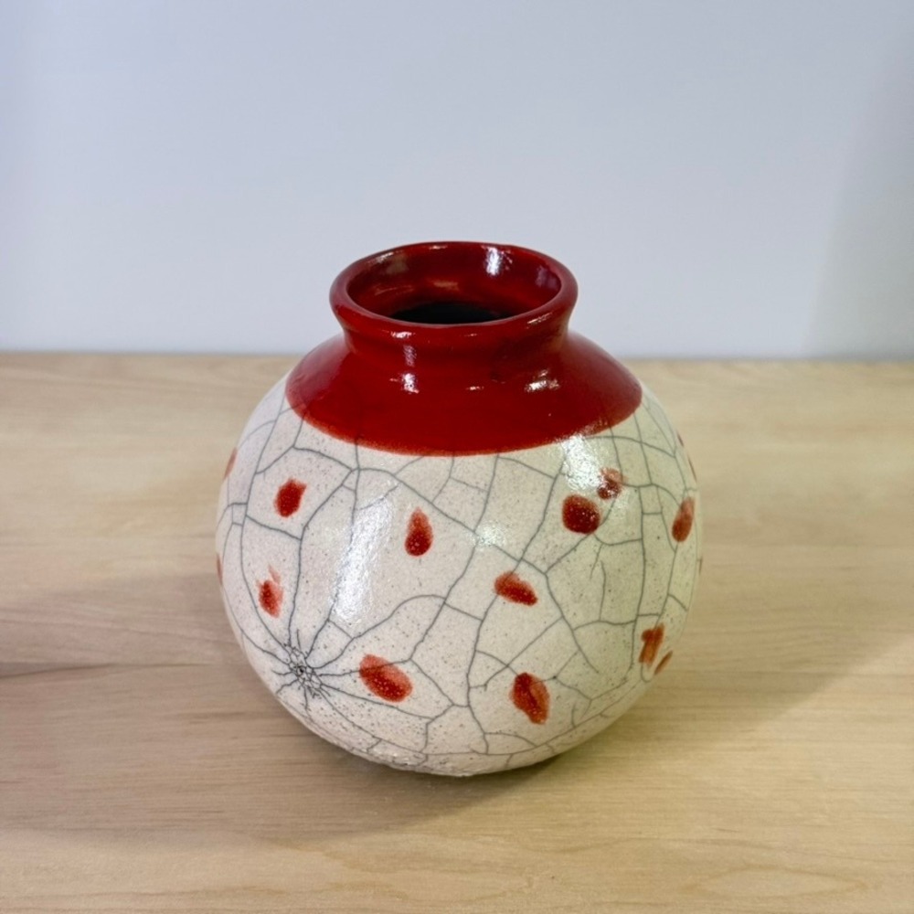 Vintage Raku Pottery Bud Vase Red White Crackle Glaze Signed J9 4 Inch